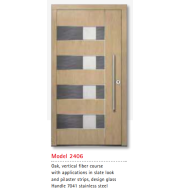 UNILUX Model 2406 Oak Door, Slate Look and Pilaster, Vertical Fiber, Designer Glass, High Security, Premium German Entrance
